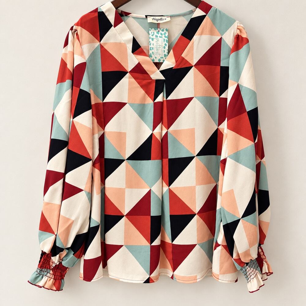 Haptics 1X Geometric Blouse V Neck Long Balloon Sleeve Smocked Cuffs Retro NWT